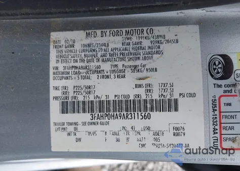 2010 Ford Fusion Se from USA, damaged, VIN 3FAHP0HA9AR311560